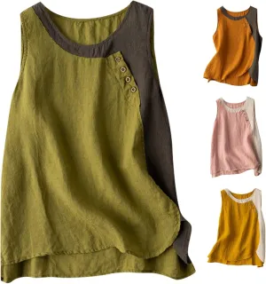 Cotton Linen Tank Tops for Women Loose Fit Sleeveless Button Tee Shirts Summer Casual Flowy Blouses Gauze Tunic Tops