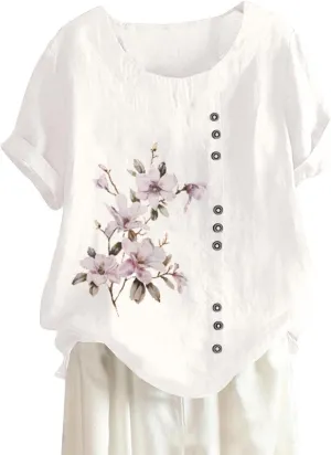 Cotton Linen Tops for Women Loose Fit Casual Roll Up Short Sleeve T-Shirt Trendy Cute Floral Print Casual Blouse