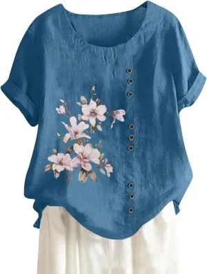 Cotton Linen Tops for Women Loose Fit Casual Roll Up Short Sleeve T-Shirt Trendy Cute Floral Print Casual Blouse