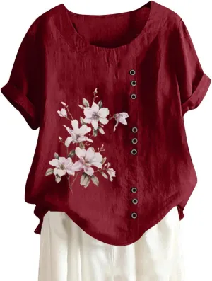 Cotton Linen Tops for Women Loose Fit Casual Roll Up Short Sleeve T-Shirt Trendy Cute Floral Print Casual Blouse