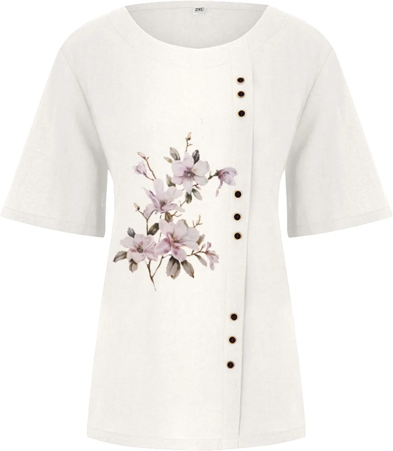 Cotton Linen Tops for Women Loose Fit Casual Roll Up Short Sleeve T-Shirt Trendy Cute Floral Print Casual Blouse