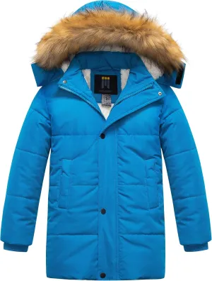 CREATMO US Boy's Sherpa Long Parka Winter Coat Thicken Water Repellent Puffer Jacket With Removable Faux Fur Hood