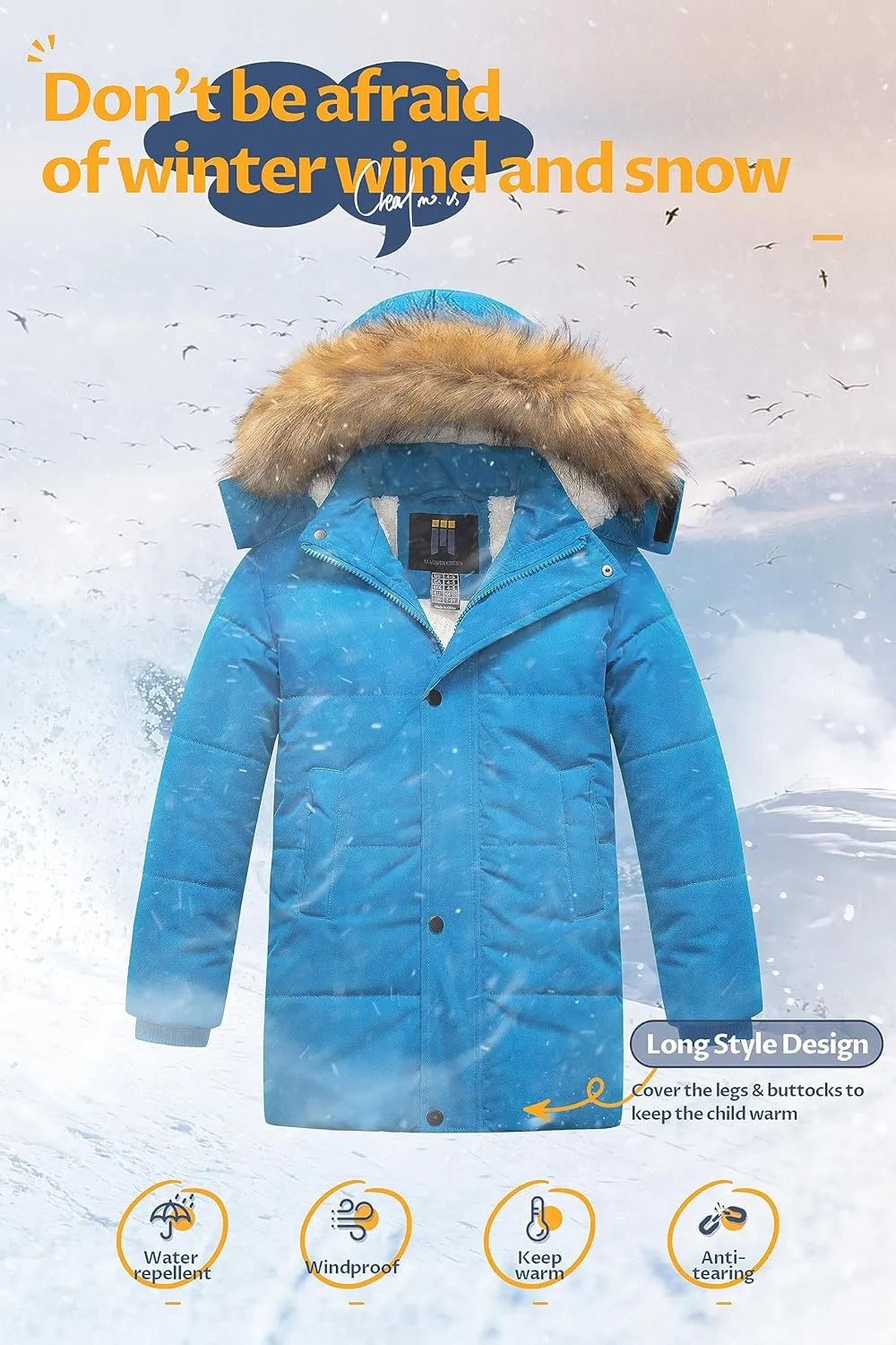 CREATMO US Boy's Sherpa Long Parka Winter Coat Thicken Water Repellent Puffer Jacket With Removable Faux Fur Hood