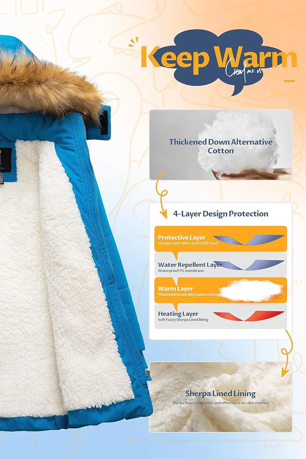 CREATMO US Boy's Sherpa Long Parka Winter Coat Thicken Water Repellent Puffer Jacket With Removable Faux Fur Hood