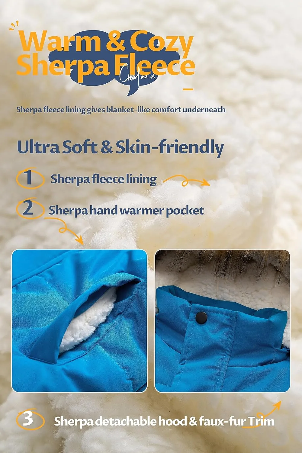 CREATMO US Boy's Sherpa Long Parka Winter Coat Thicken Water Repellent Puffer Jacket With Removable Faux Fur Hood