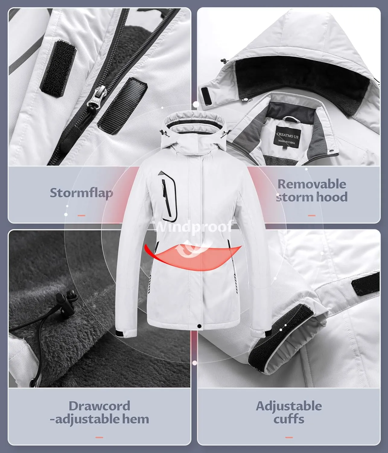 CREATMO US Women's Mountain Waterproof Ski Jacket Windproof Snowboarding Jacket Warm Winter Coat Raincoat
