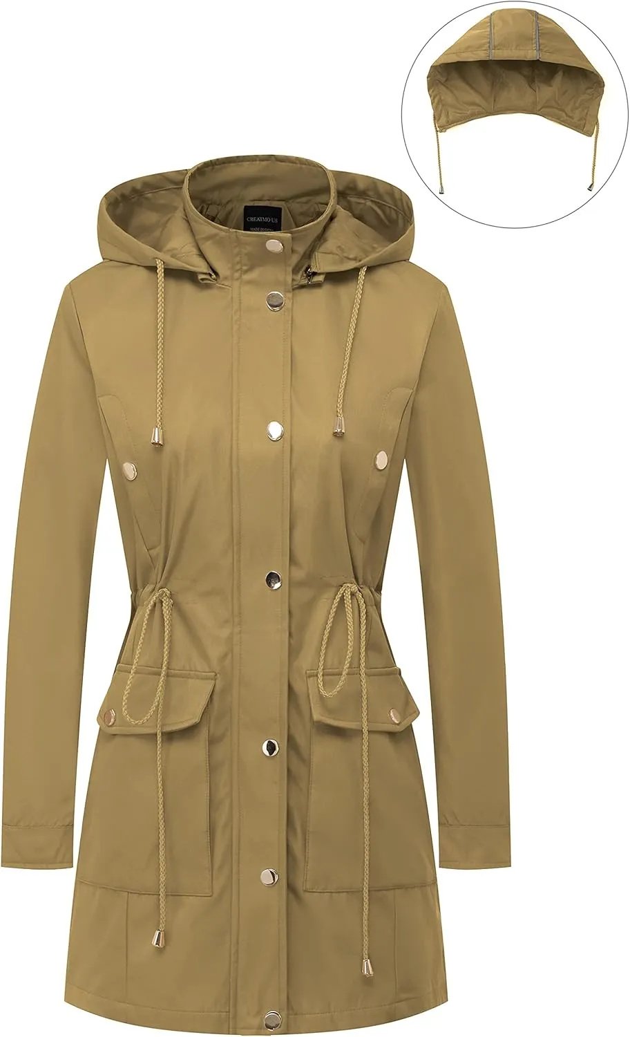 CREATMO US Women's Plus Size Water-Resistant Trench Coat Long Windbreaker Military Jacket with Reflective Removable Hood