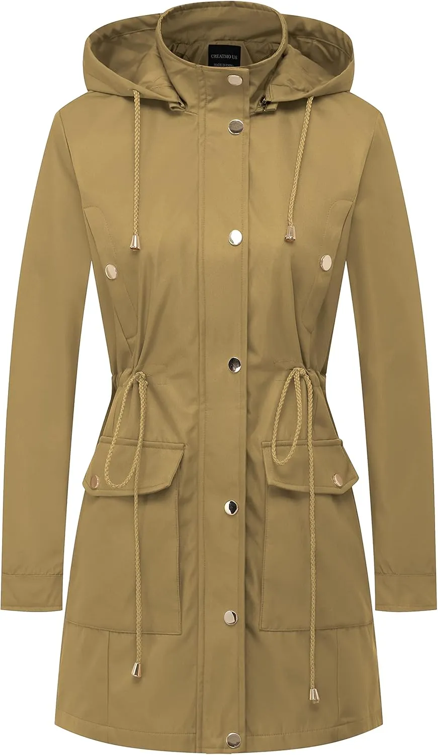 CREATMO US Women's Plus Size Water-Resistant Trench Coat Long Windbreaker Military Jacket with Reflective Removable Hood