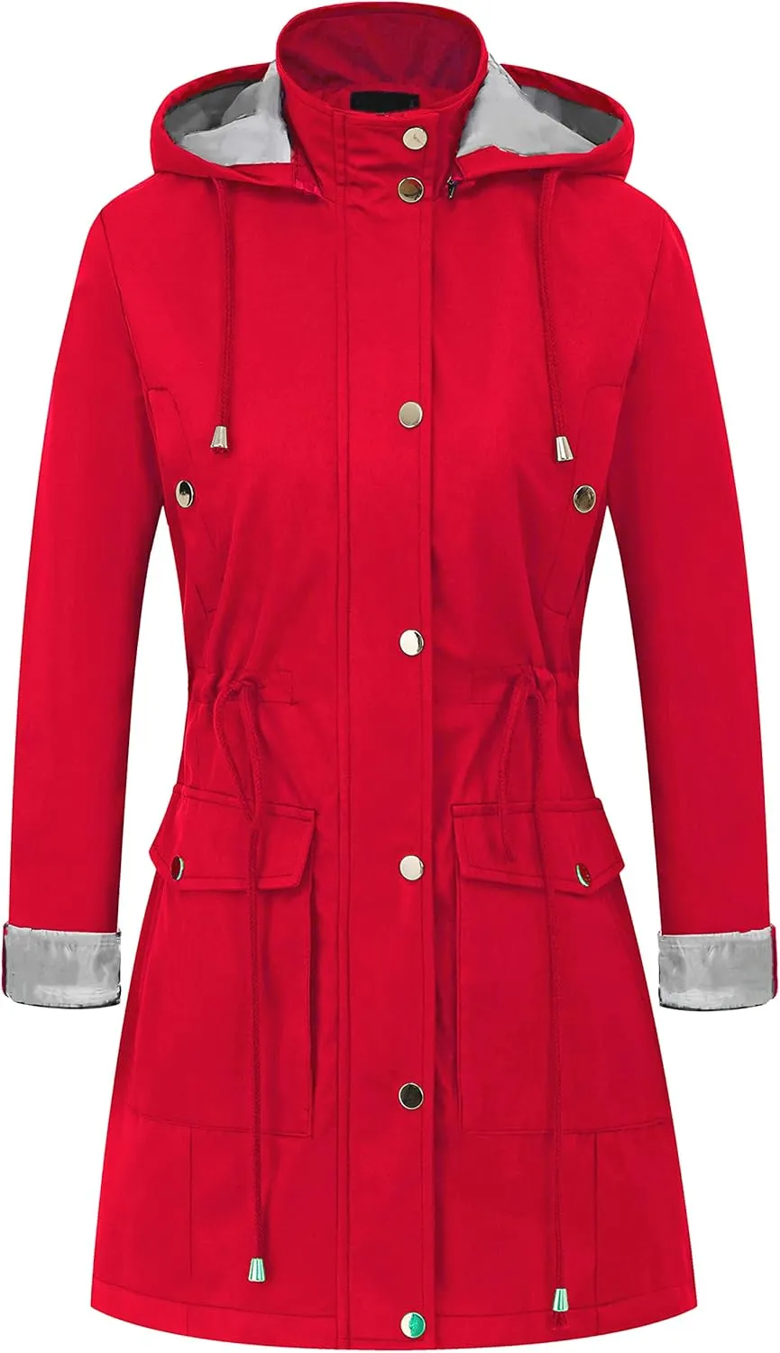 CREATMO US Women's Plus Size Water-Resistant Trench Coat Long Windbreaker Military Jacket with Reflective Removable Hood