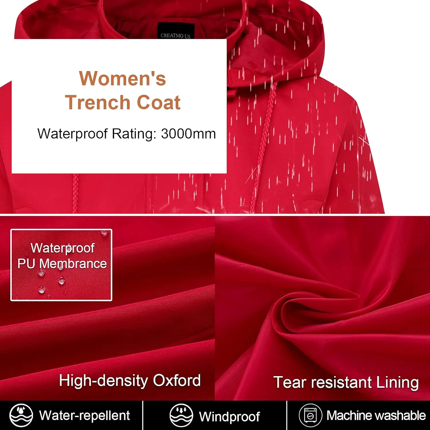 CREATMO US Women's Plus Size Water-Resistant Trench Coat Long Windbreaker Military Jacket with Reflective Removable Hood