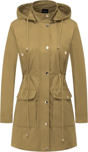 CREATMO US Women's Plus Size Water-Resistant Trench Coat Long Windbreaker Military Jacket with Reflective Removable Hood