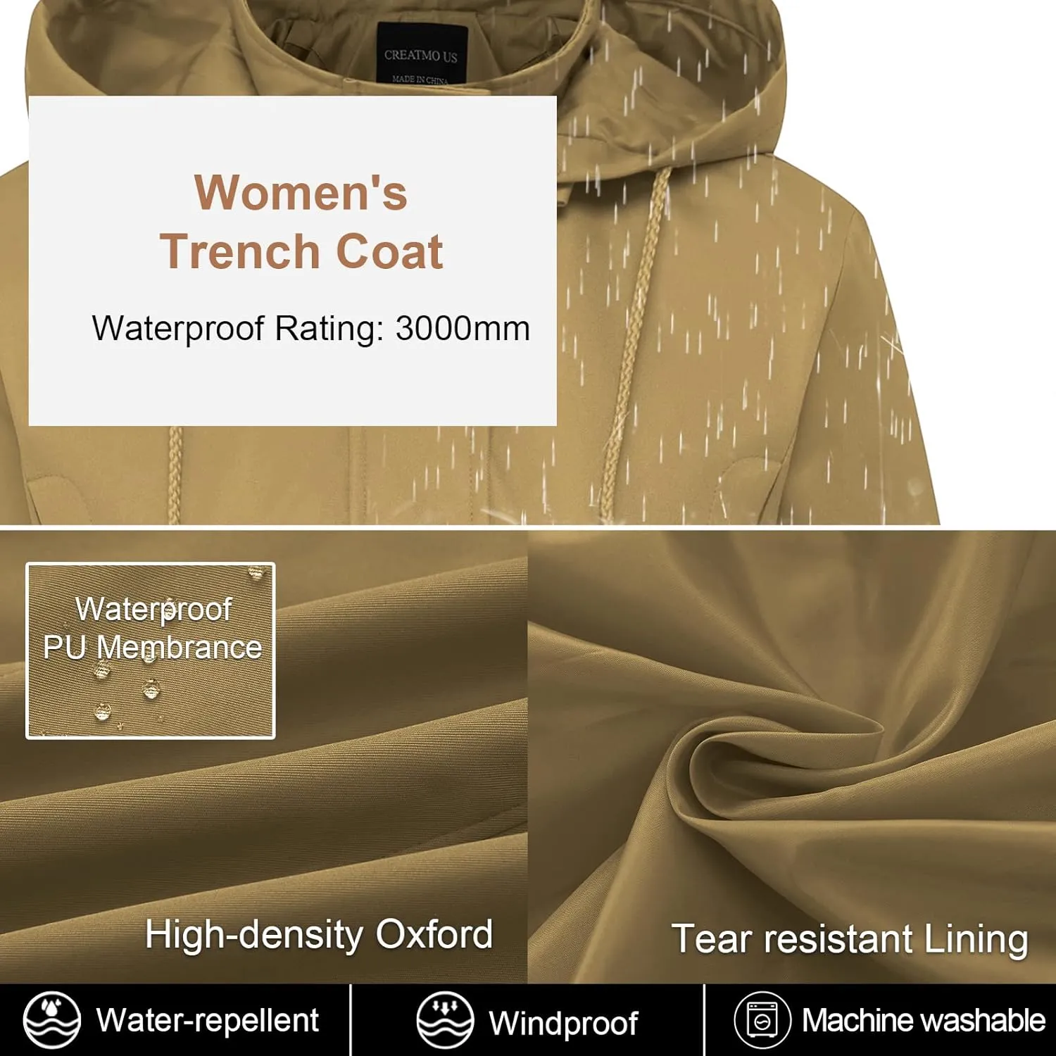 CREATMO US Women's Plus Size Water-Resistant Trench Coat Long Windbreaker Military Jacket with Reflective Removable Hood