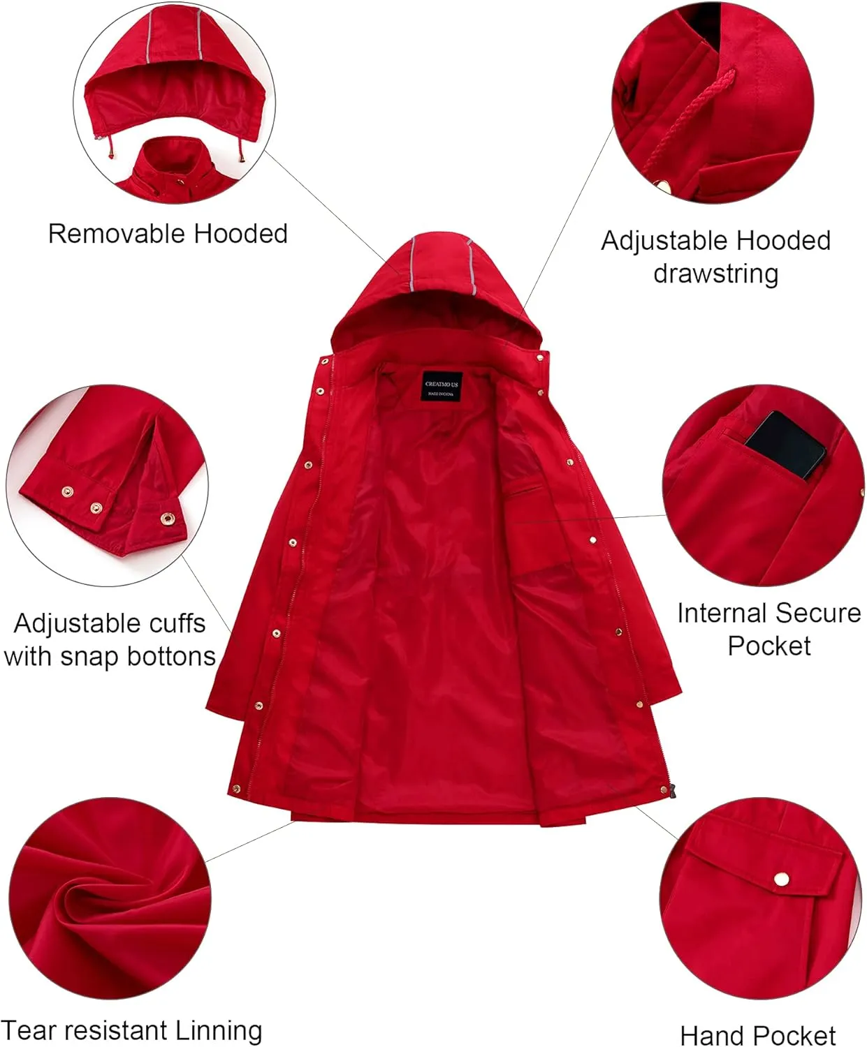 CREATMO US Women's Plus Size Water-Resistant Trench Coat Long Windbreaker Military Jacket with Reflective Removable Hood