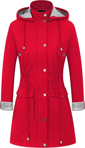 CREATMO US Women's Plus Size Water-Resistant Trench Coat Long Windbreaker Military Jacket with Reflective Removable Hood