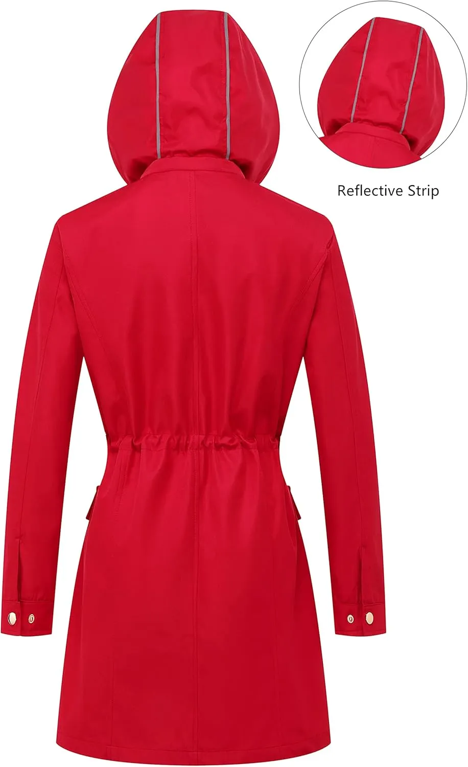 CREATMO US Women's Plus Size Water-Resistant Trench Coat Long Windbreaker Military Jacket with Reflective Removable Hood
