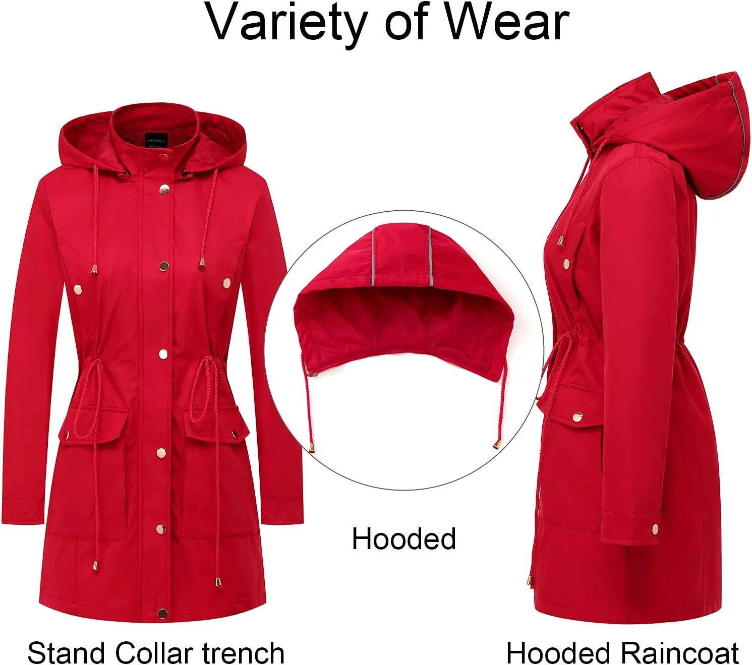 CREATMO US Women's Plus Size Water-Resistant Trench Coat Long Windbreaker Military Jacket with Reflective Removable Hood
