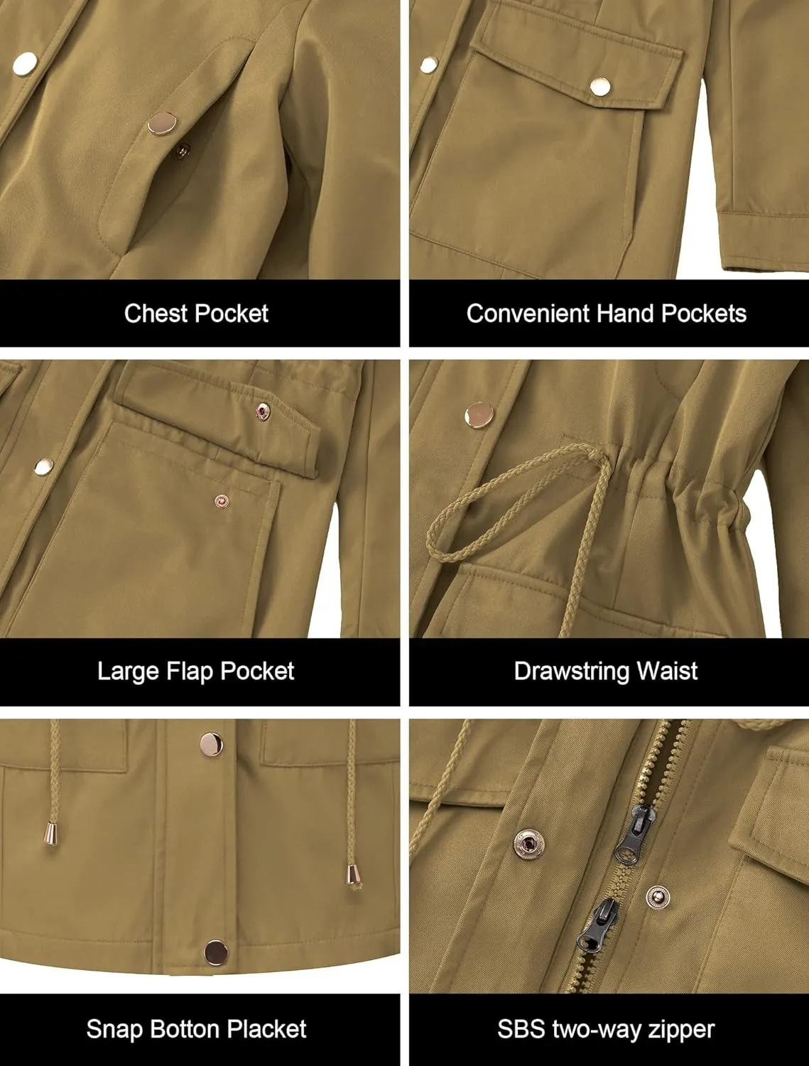 CREATMO US Women's Plus Size Water-Resistant Trench Coat Long Windbreaker Military Jacket with Reflective Removable Hood