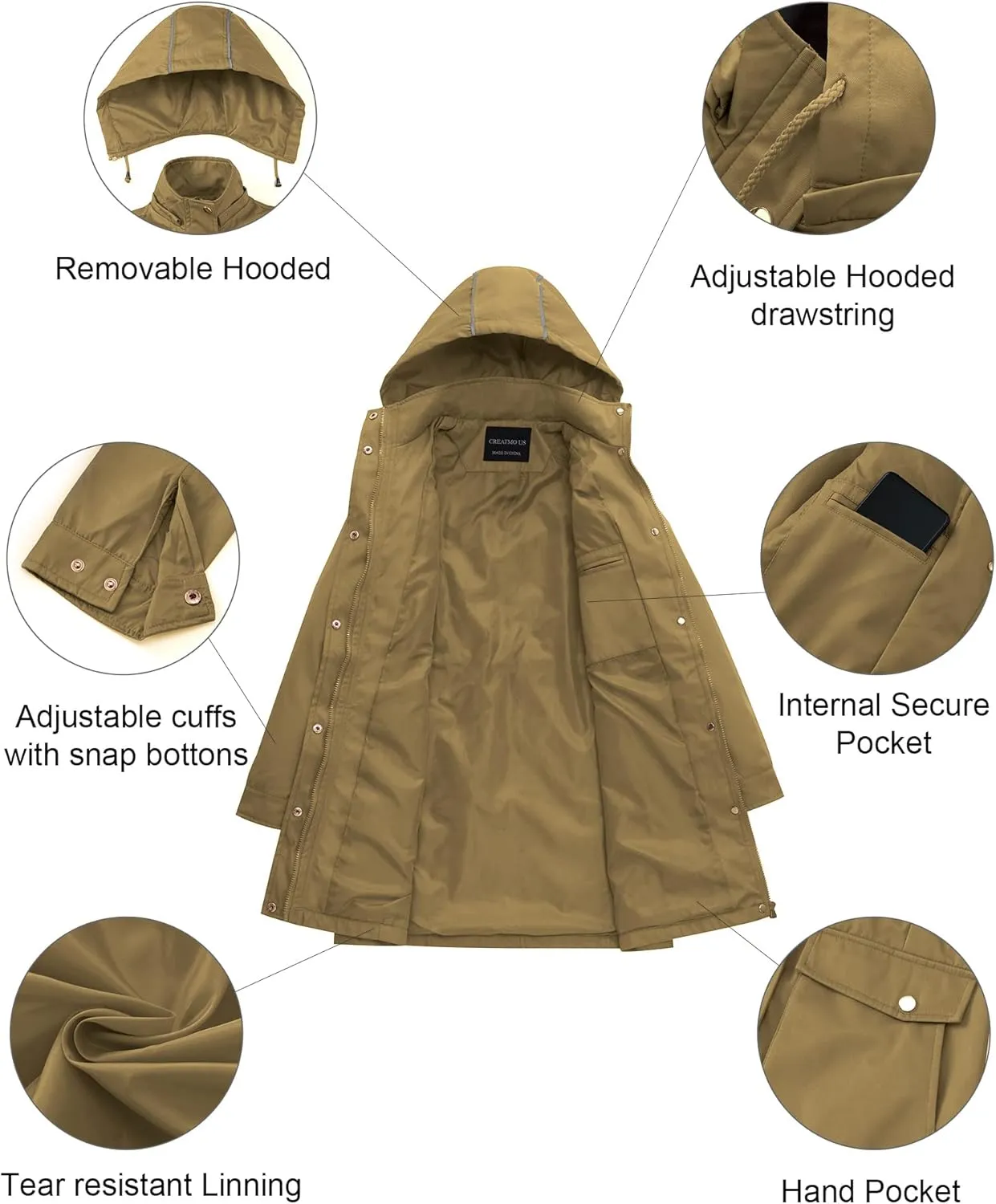 CREATMO US Women's Plus Size Water-Resistant Trench Coat Long Windbreaker Military Jacket with Reflective Removable Hood