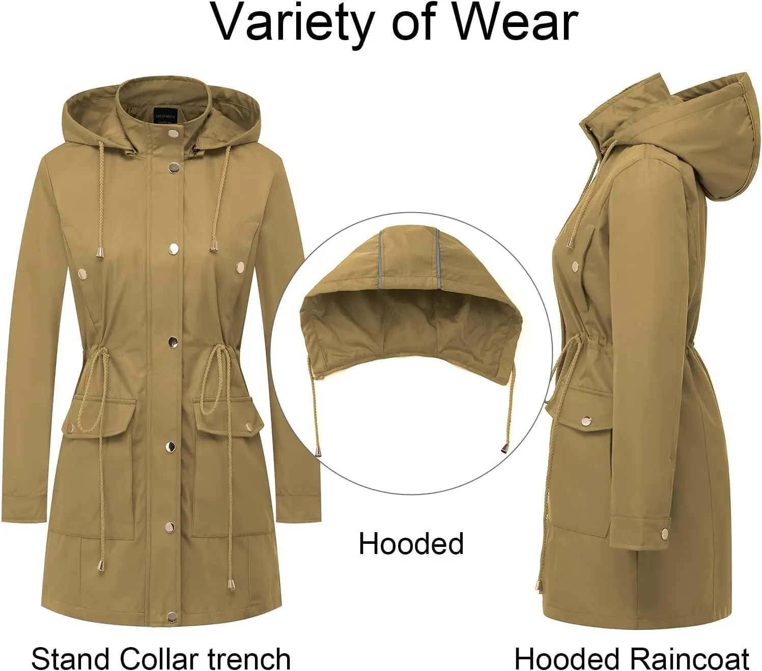 CREATMO US Women's Plus Size Water-Resistant Trench Coat Long Windbreaker Military Jacket with Reflective Removable Hood
