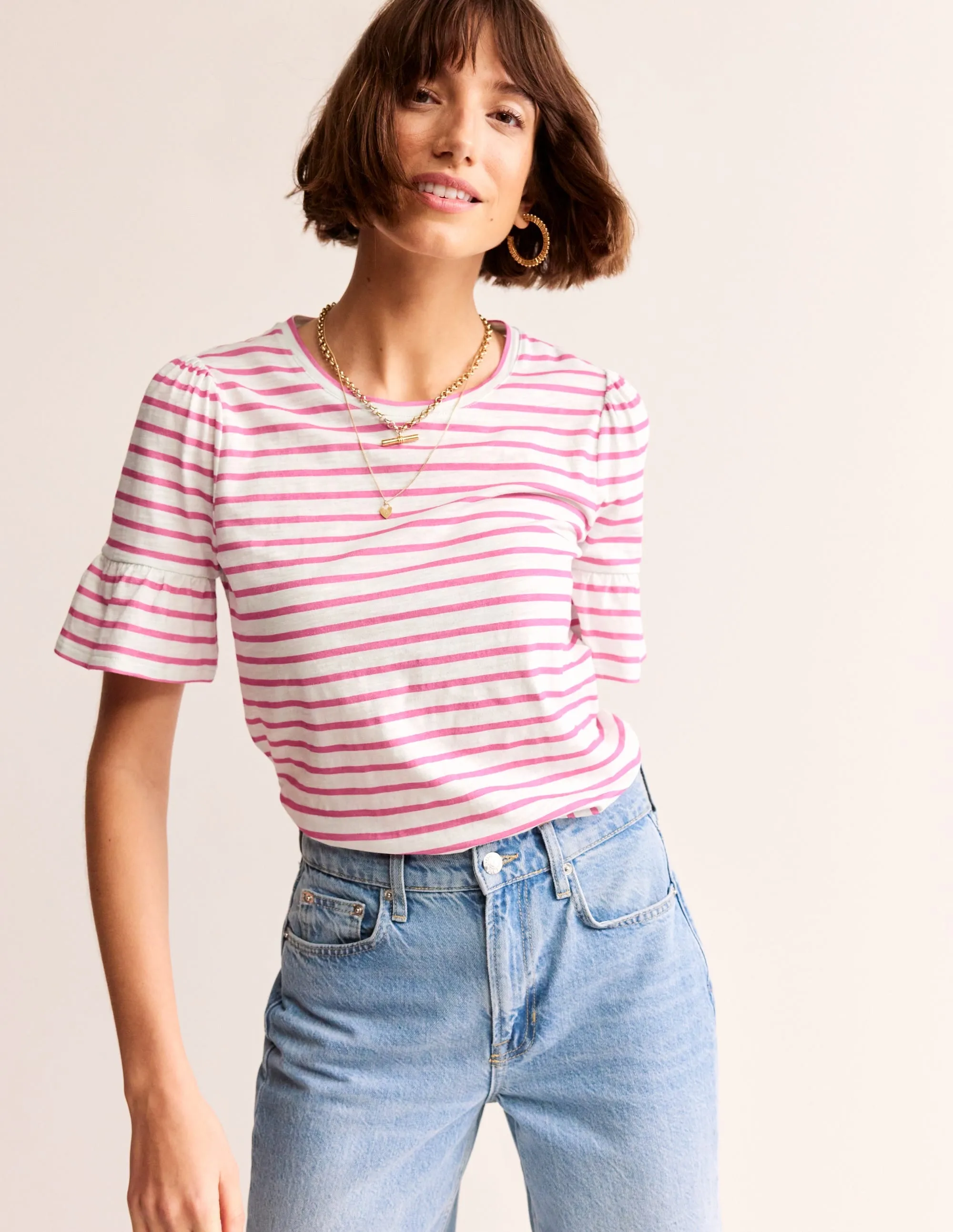 Crew Neck Frill Cuff T-shirt-Ivory, Sangria Sunset