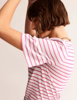 Crew Neck Frill Cuff T-shirt-Ivory, Sangria Sunset