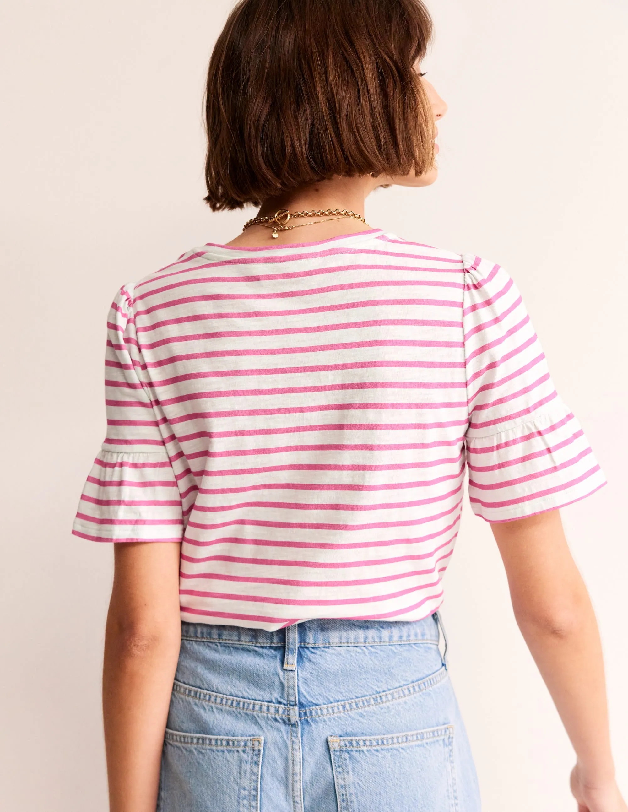 Crew Neck Frill Cuff T-shirt-Ivory, Sangria Sunset