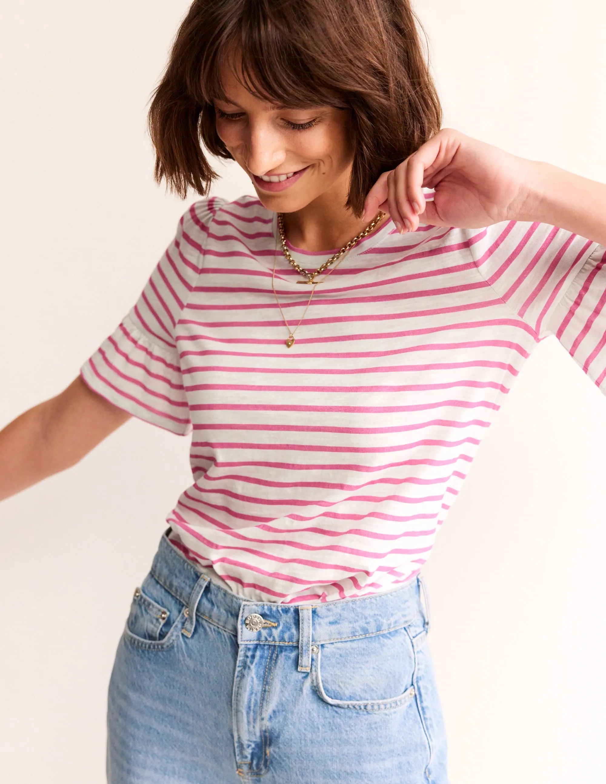 Crew Neck Frill Cuff T-shirt-Ivory, Sangria Sunset