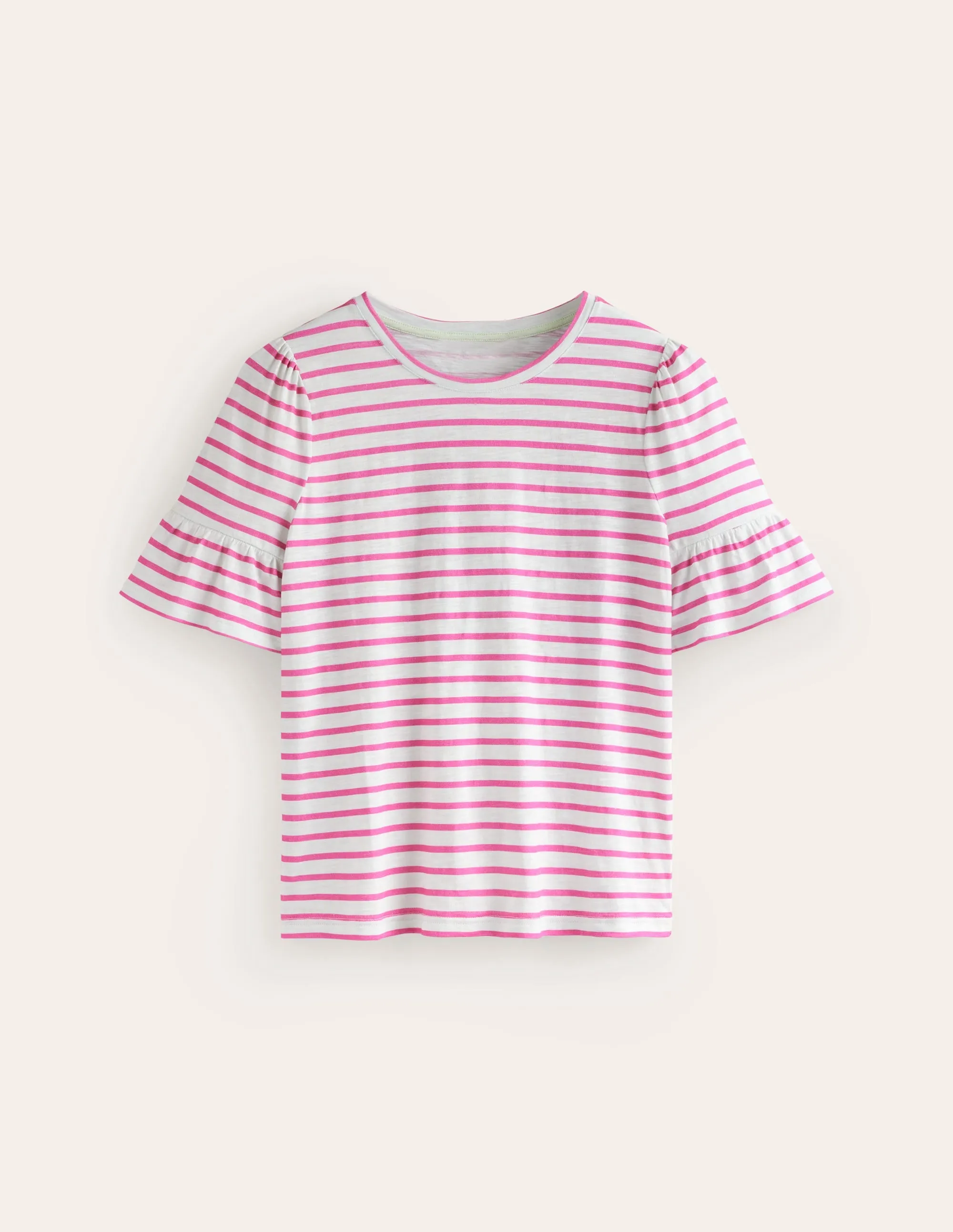 Crew Neck Frill Cuff T-shirt-Ivory, Sangria Sunset