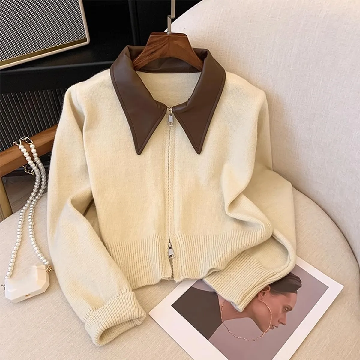 Cropped Cardigan Women Leather Collared Knit Sweater Zip up Jacket Aesthetic Cute Polo Sweater Fall 2024 Trendy