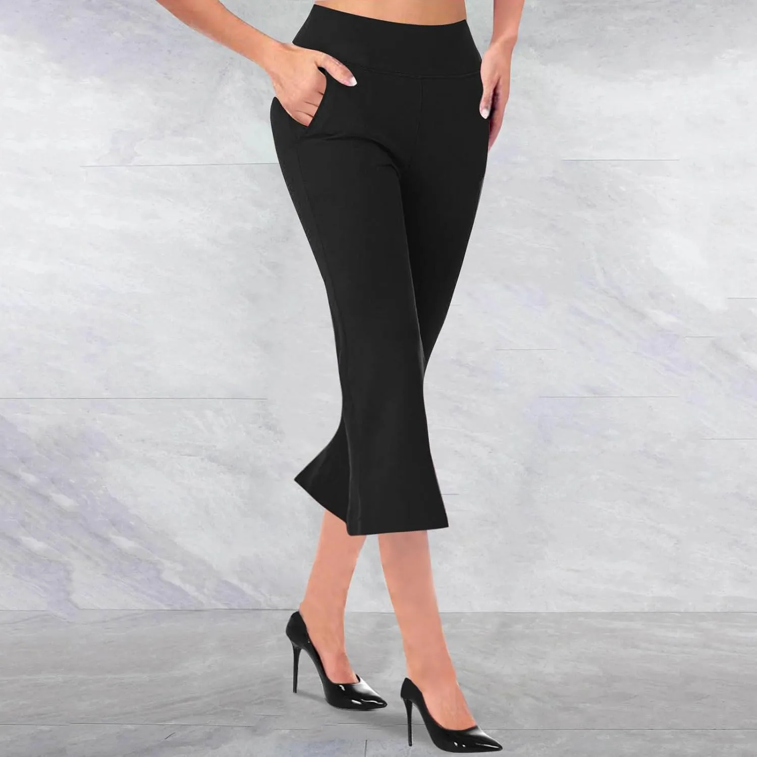 Cropped Trousers for Women Fashion Bell Bottom Pants High Elastic Waist Pants Comfy Pants Travel Pants with Pocket
