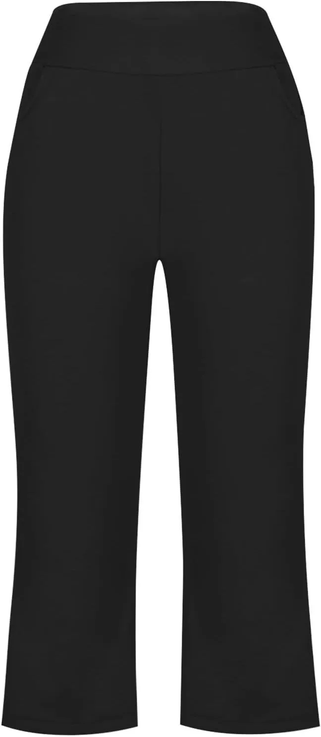 Cropped Trousers for Women Fashion Bell Bottom Pants High Elastic Waist Pants Comfy Pants Travel Pants with Pocket