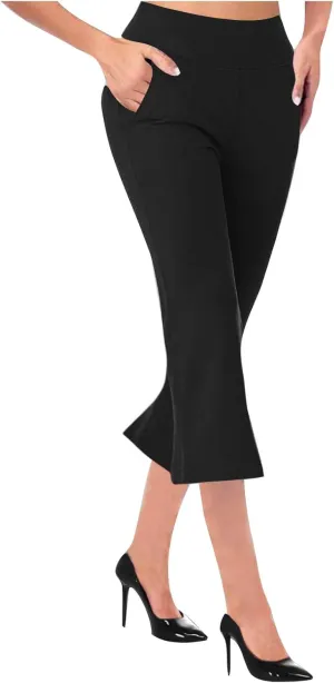 Cropped Trousers for Women Fashion Bell Bottom Pants High Elastic Waist Pants Comfy Pants Travel Pants with Pocket