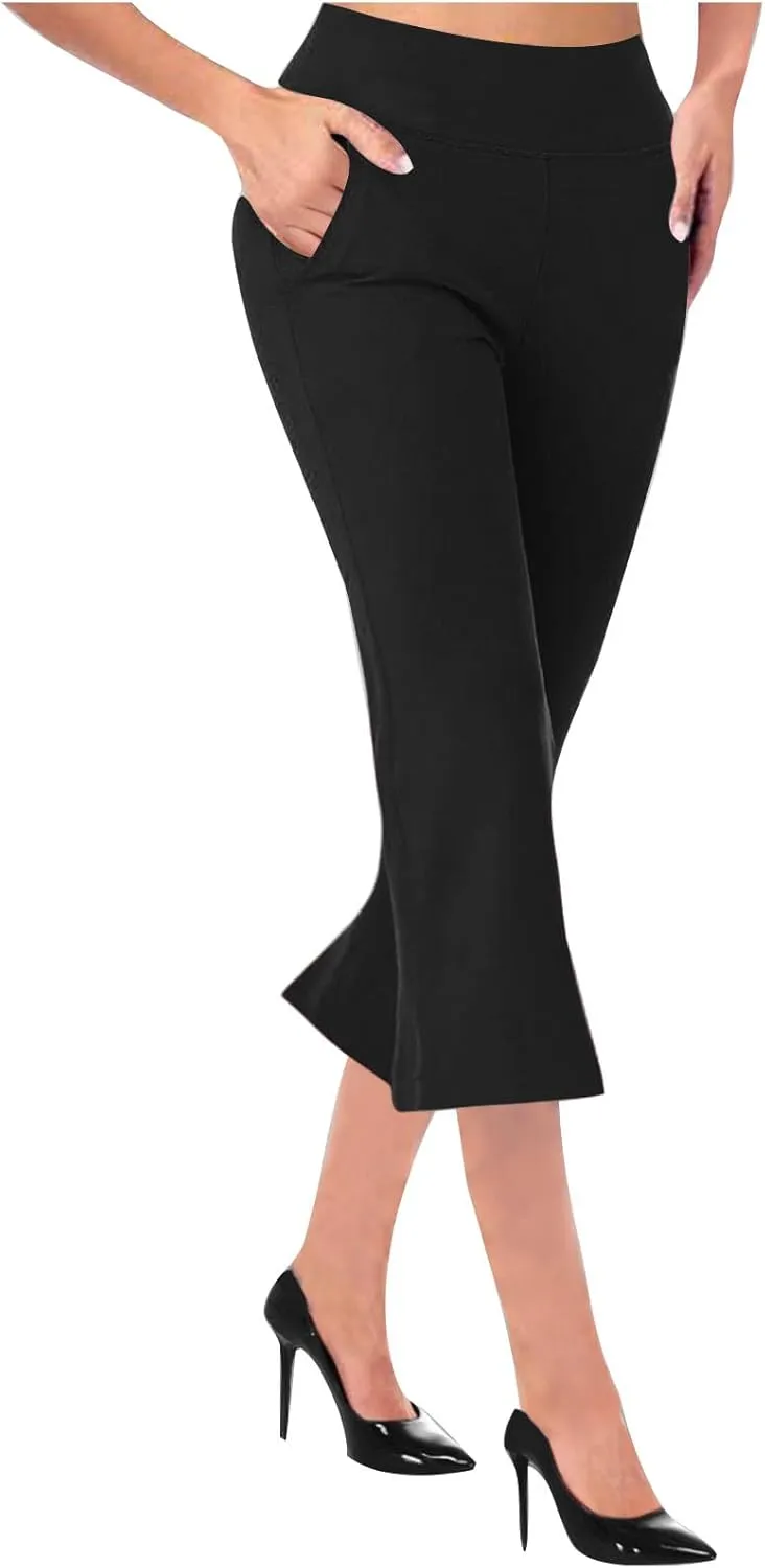 Cropped Trousers for Women Fashion Bell Bottom Pants High Elastic Waist Pants Comfy Pants Travel Pants with Pocket