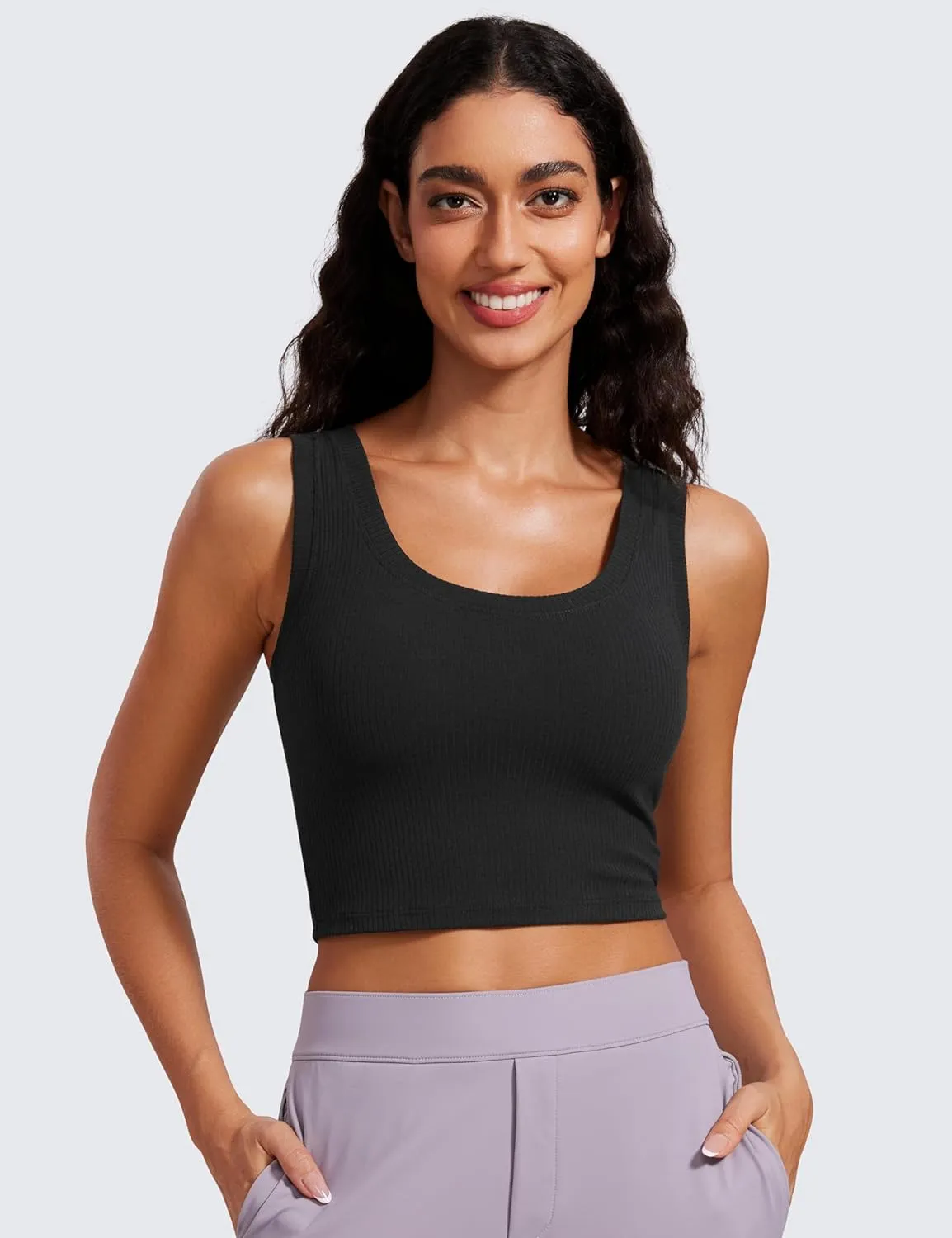 CRZ YOGA Ribbed Crop Fitted Tank Tops for Women Low U-Back Scoop Neck Casual Cropped Sleeveless Workout Yoga Shirt
