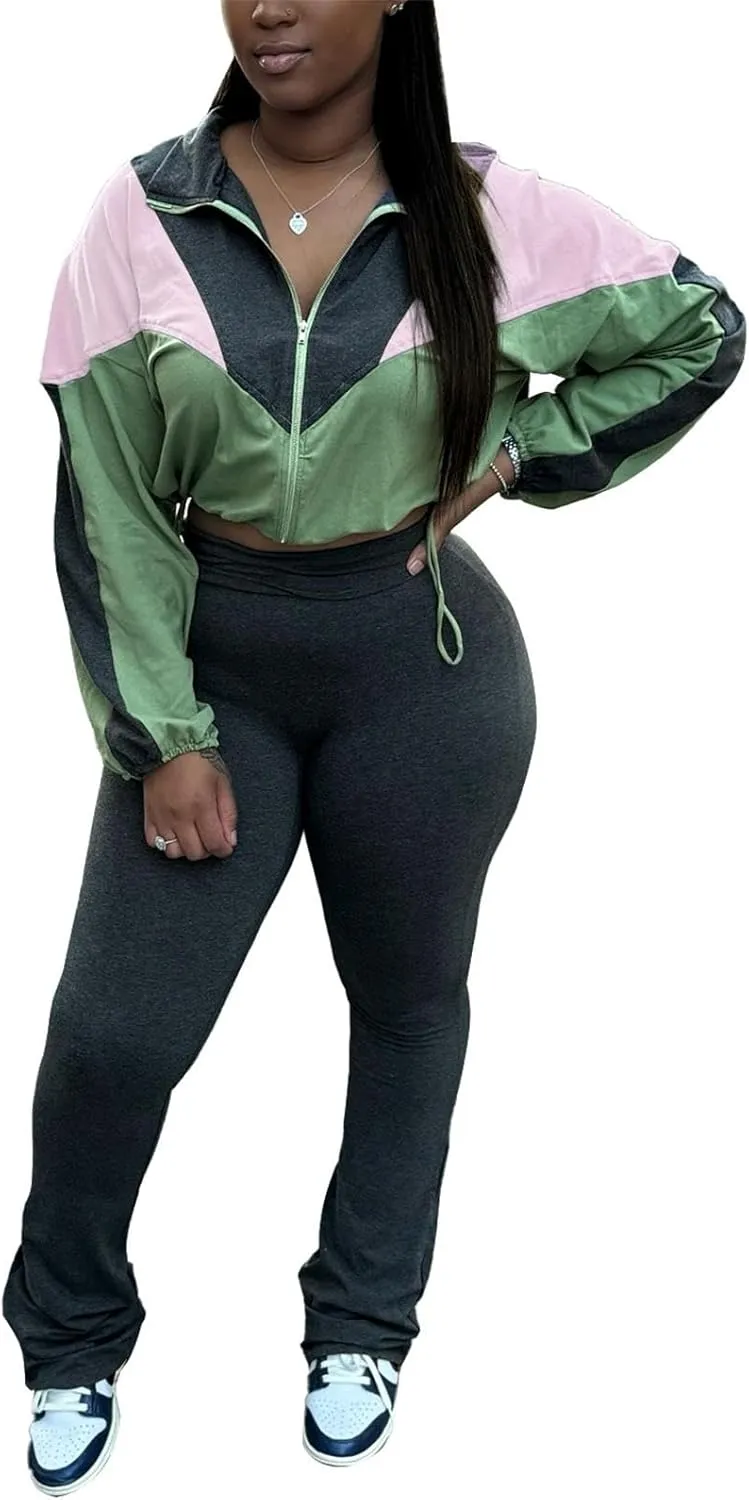 cu4eve Fall Two Piece Sets For Women 2024 Work Out Sets Gym Zip Up Cropped Jacket And Yoga Sweat Pants Track Suits
