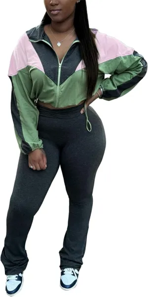 cu4eve Fall Two Piece Sets For Women 2024 Work Out Sets Gym Zip Up Cropped Jacket And Yoga Sweat Pants Track Suits