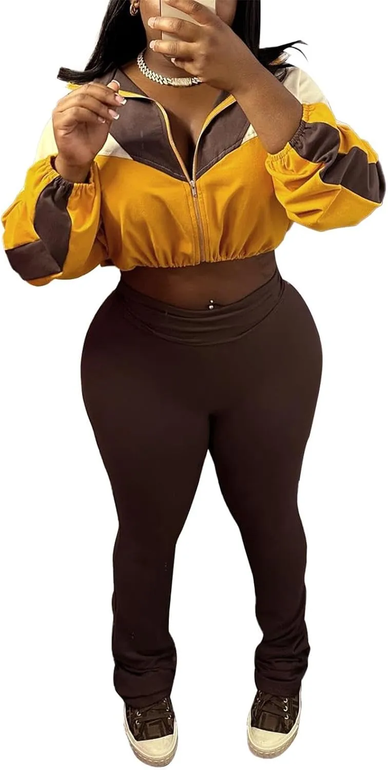 cu4eve Fall Two Piece Sets For Women 2024 Work Out Sets Gym Zip Up Cropped Jacket And Yoga Sweat Pants Track Suits
