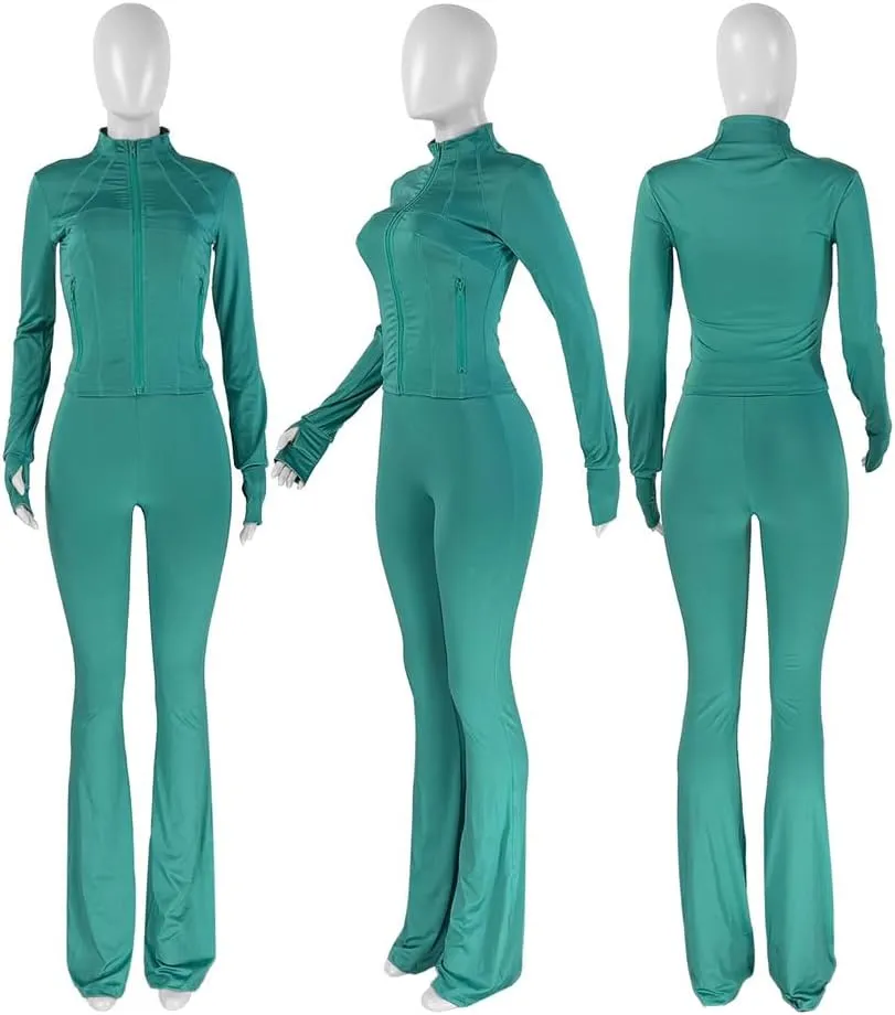 cu4eve Womens Two Piece Outfits Fall Workout Zip Up Sweatshirt And Jogger Flare Yoga Pants Gym Sweat Suits 2 Piece Set
