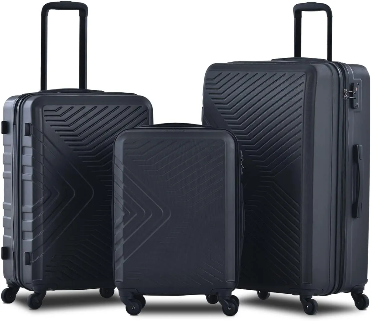CuisinSmart 3 Piece Luggage Sets 20"/24"/28" Lightweight Hardshell Suitcase With 2 Hooks, Spinner Wheels, TSA Lock For Travel Black As shown