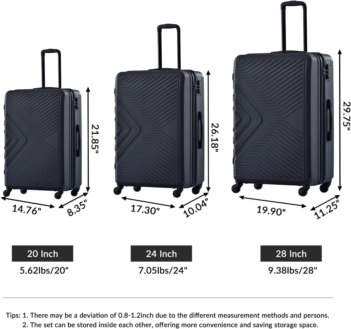 CuisinSmart 3 Piece Luggage Sets 20"/24"/28" Lightweight Hardshell Suitcase With 2 Hooks, Spinner Wheels, TSA Lock For Travel Black As shown