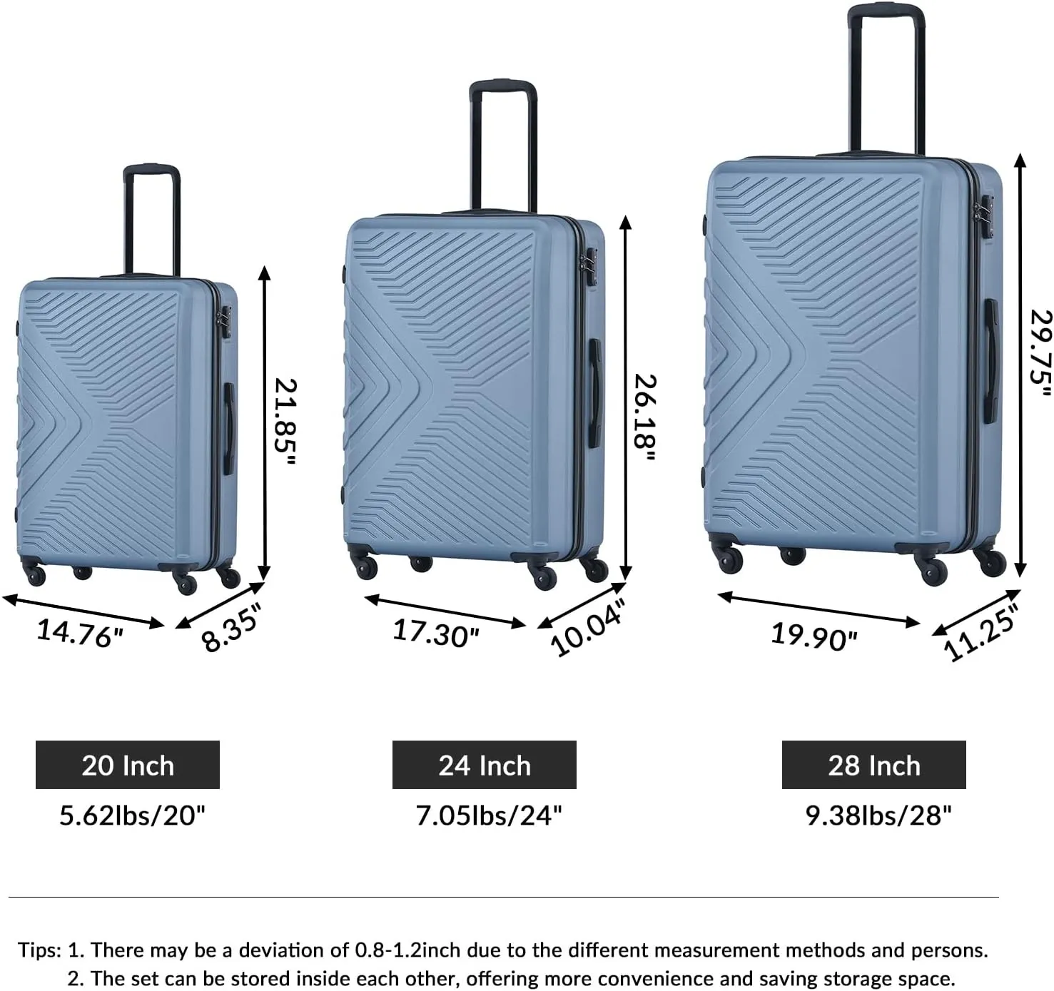 CuisinSmart 3 Piece Luggage Sets 20"/24"/28" Lightweight Hardshell Suitcase With 2 Hooks, Spinner Wheels, TSA Lock For Travel Blue As shown