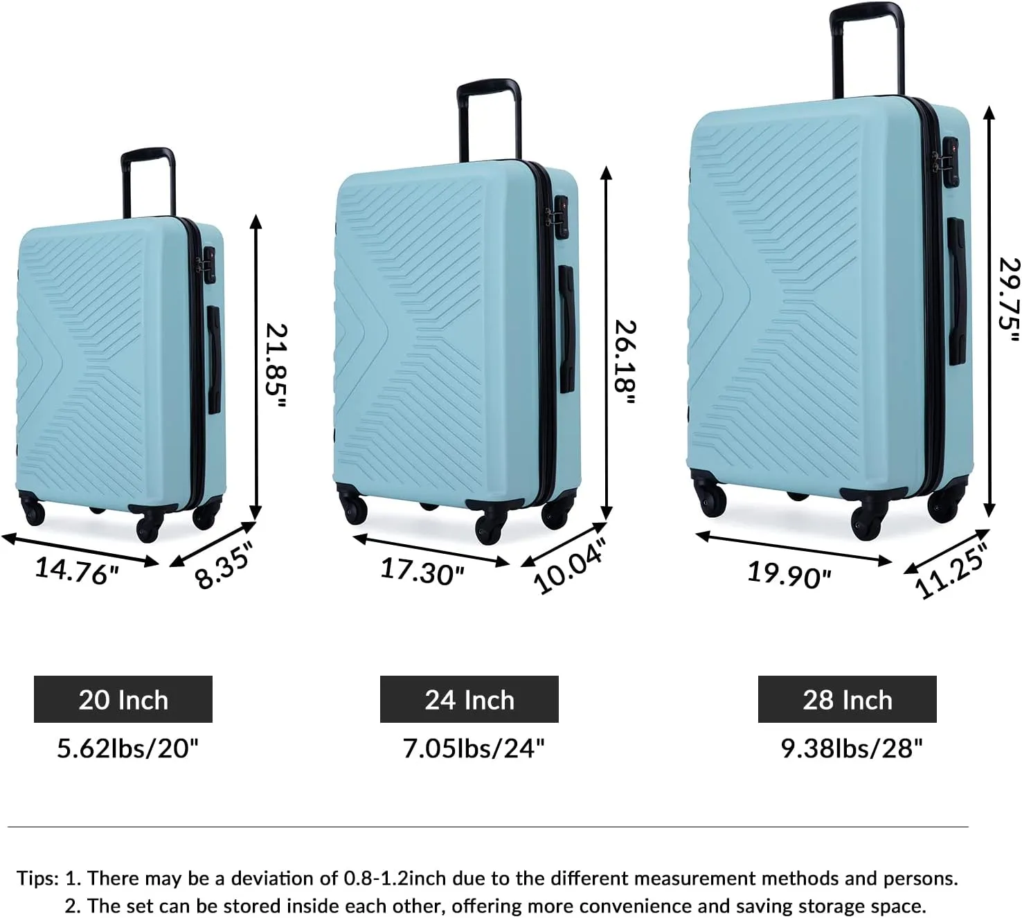 CuisinSmart 3 Piece Luggage Sets 20"/24"/28" Lightweight Hardshell Suitcase With 2 Hooks, Spinner Wheels, TSA Lock For Travel Green As shown