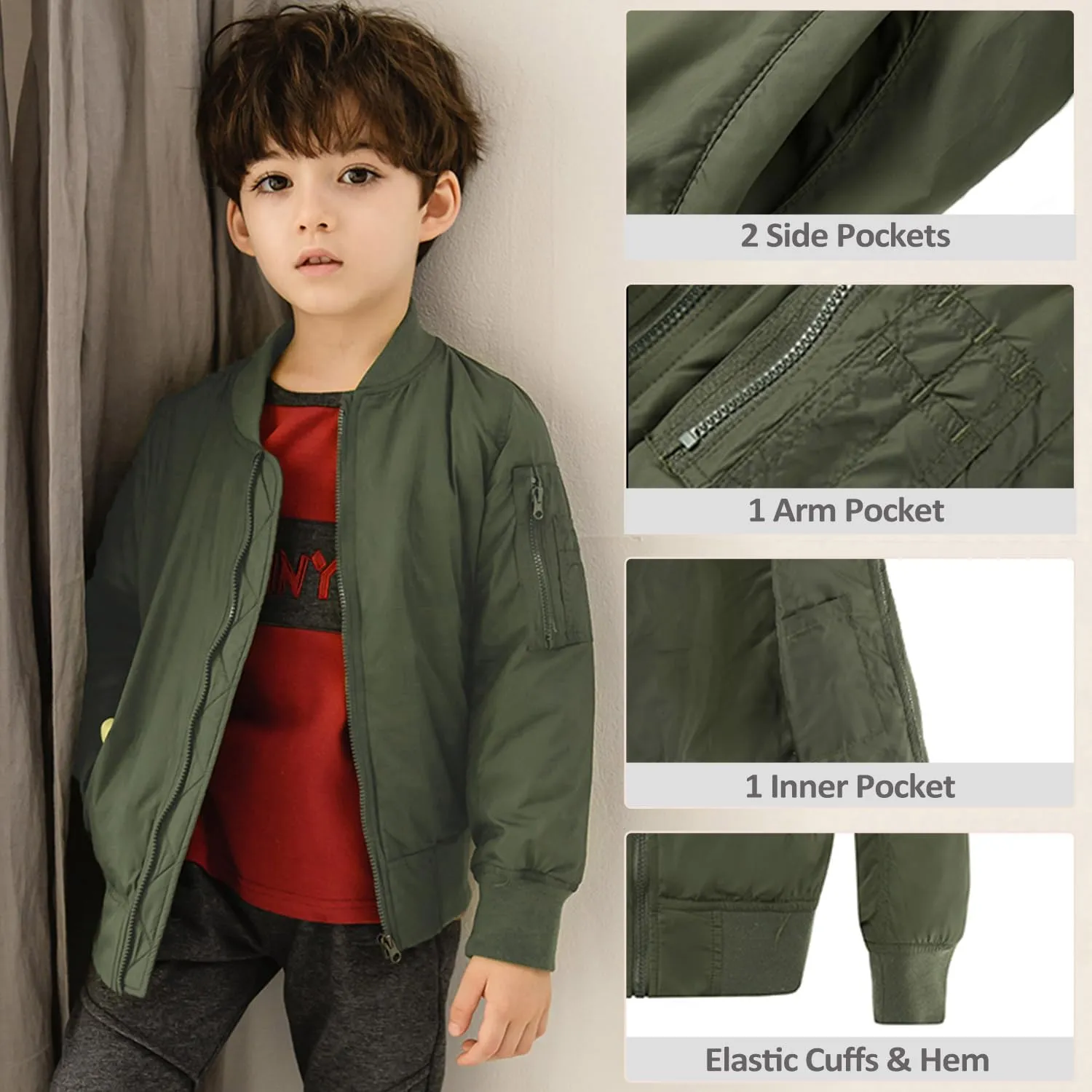 CUNYI Boys' Fashion Zip Up Bomber Jacket Windproof Flight Jacket Lightweight Windbreaker Outdoor