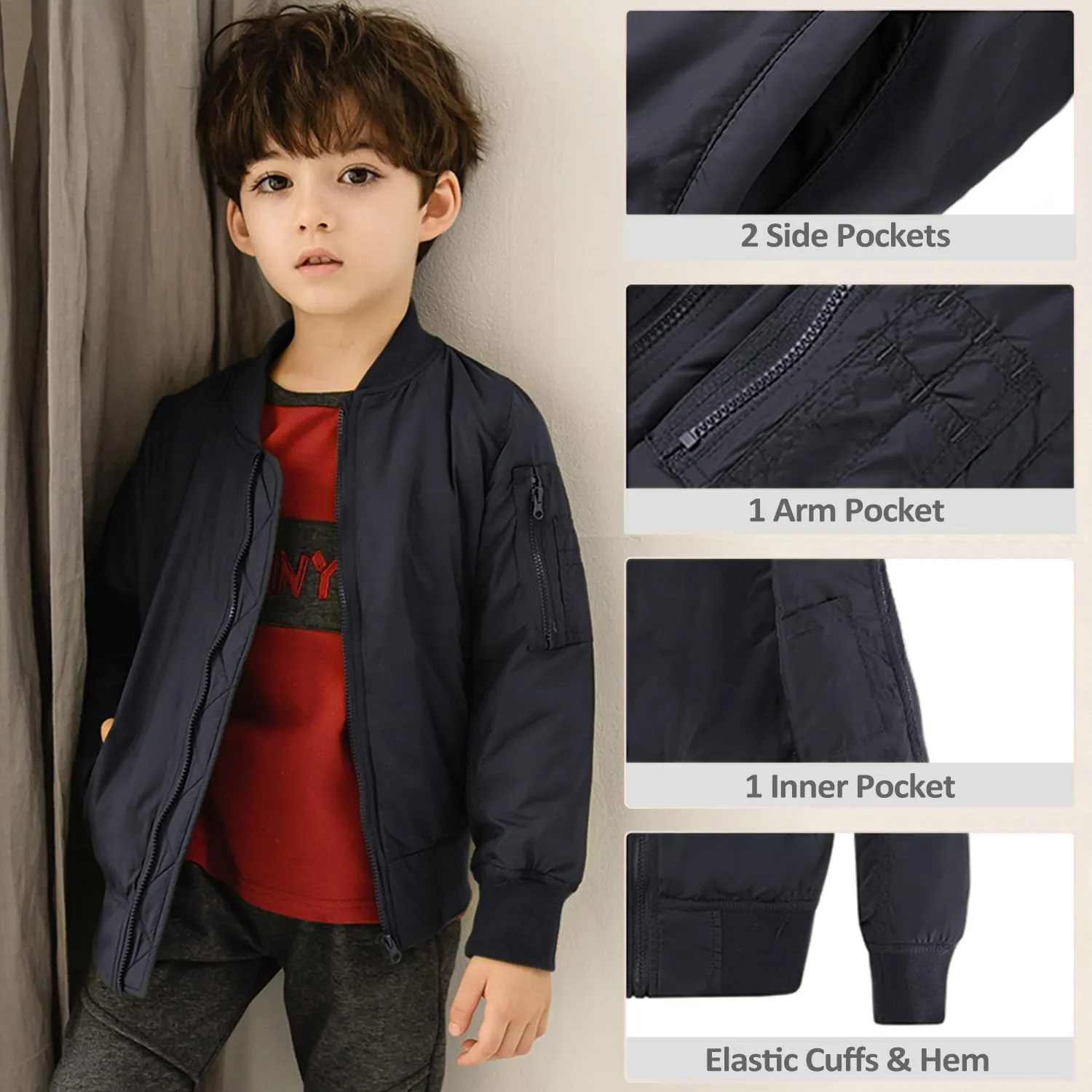 CUNYI Boys' Fashion Zip Up Bomber Jacket Windproof Flight Jacket Lightweight Windbreaker Outdoor
