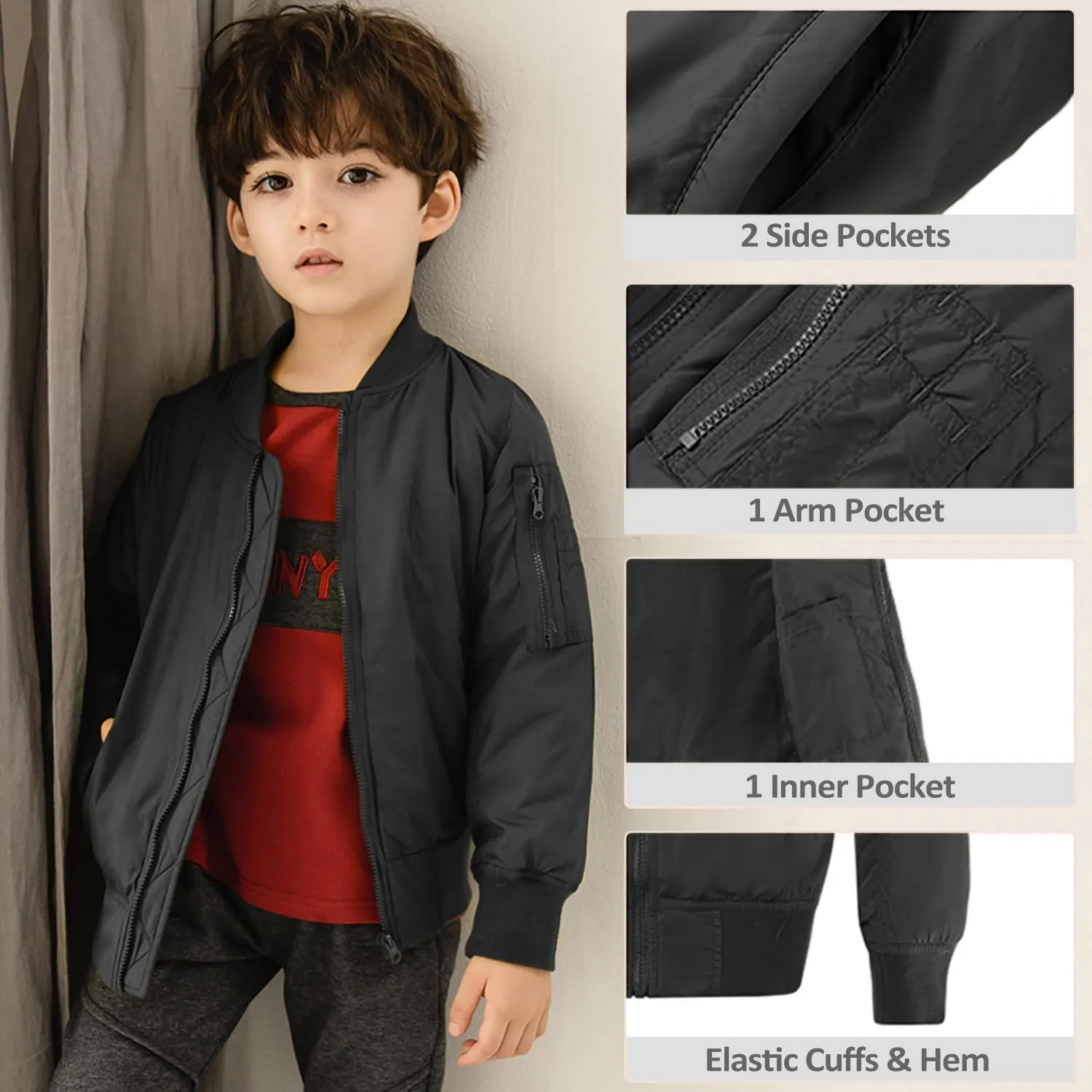 CUNYI Boys' Fashion Zip Up Bomber Jacket Windproof Flight Jacket Lightweight Windbreaker Outdoor