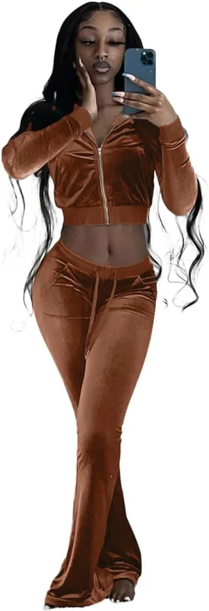 Cute Velour Tracksuit Women 2 Piece Outfits Sets Sexy Cropped Zip Up Hoodie Crop Tops Jackets Flared Pant with Pocket