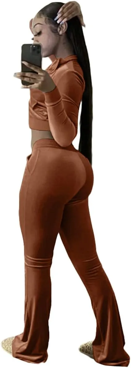 Cute Velour Tracksuit Women 2 Piece Outfits Sets Sexy Cropped Zip Up Hoodie Crop Tops Jackets Flared Pant with Pocket