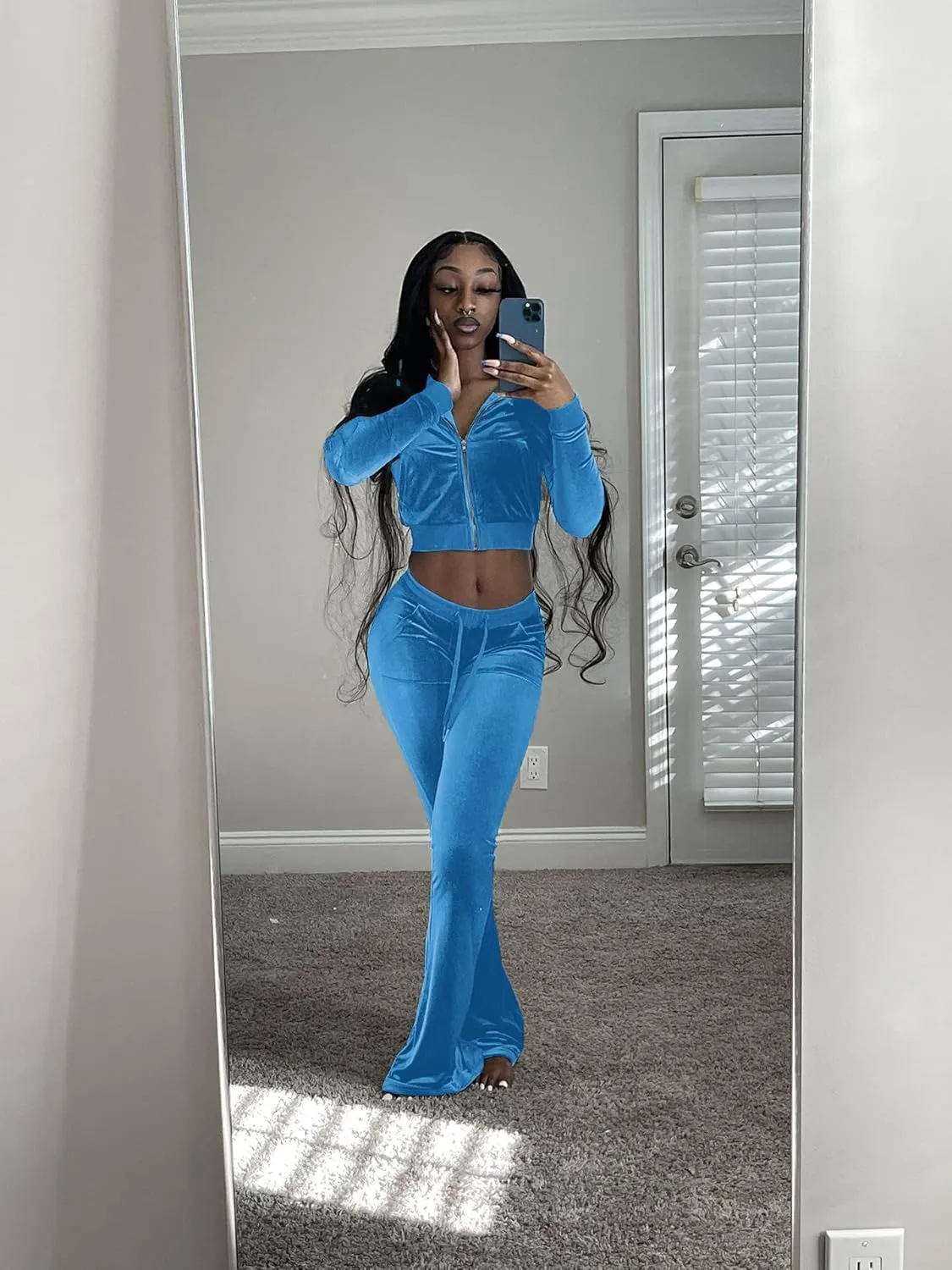 Cute Velour Tracksuit Women 2 Piece Outfits Sets Sexy Cropped Zip Up Hoodie Crop Tops Jackets Flared Pant with Pocket