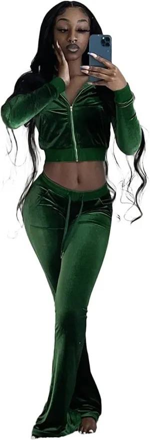 Cute Velour Tracksuit Women 2 Piece Outfits Sets Sexy Cropped Zip Up Hoodie Crop Tops Jackets Flared Pant with Pocket