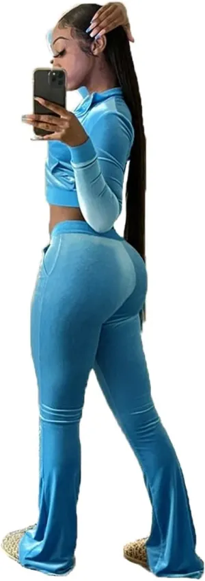 Cute Velour Tracksuit Women 2 Piece Outfits Sets Sexy Cropped Zip Up Hoodie Crop Tops Jackets Flared Pant with Pocket